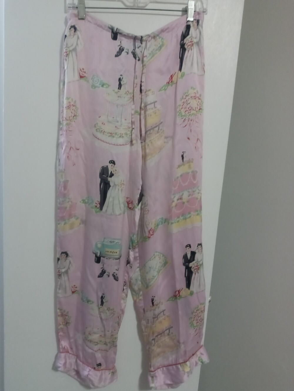 Ladies Nick & Nora 100% Silk Pink Wedding Print Pajama Bottoms~ Medium